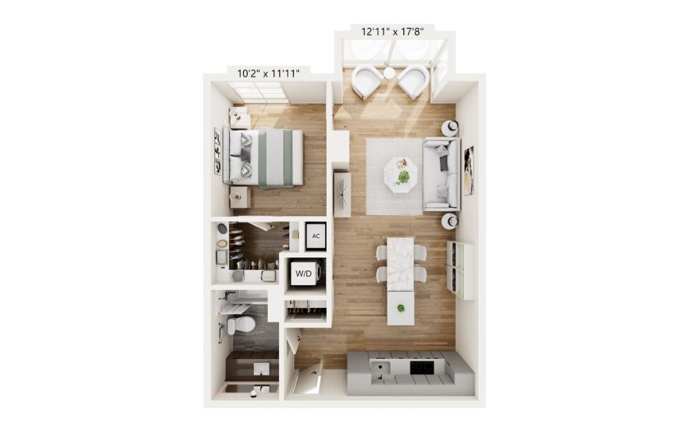 TC6P - 1 bedroom floorplan layout with 1 bathroom and 738 square feet (3D)