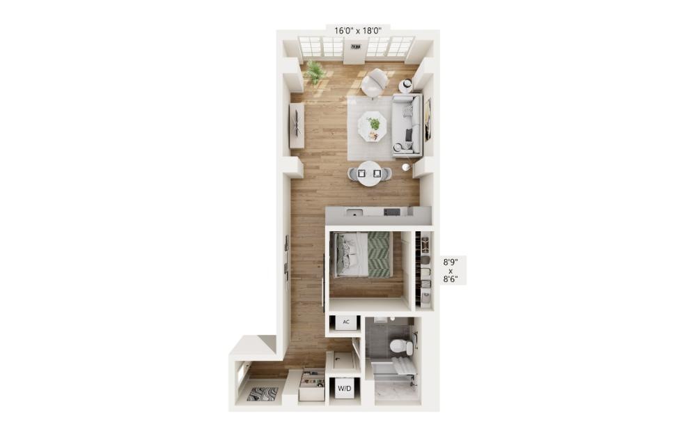 PA5 - 1 bedroom floorplan layout with 1 bathroom and 745 square feet (3D)