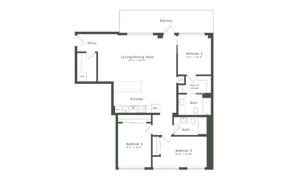 PE1 - 3 bedroom floorplan layout with 2 bathrooms and 1376 square feet (2D)