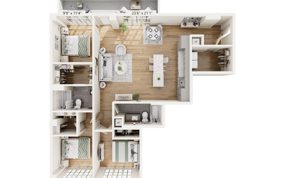 PE10 - 3 bedroom floorplan layout with 2 bathrooms and 1419 square feet (3D)