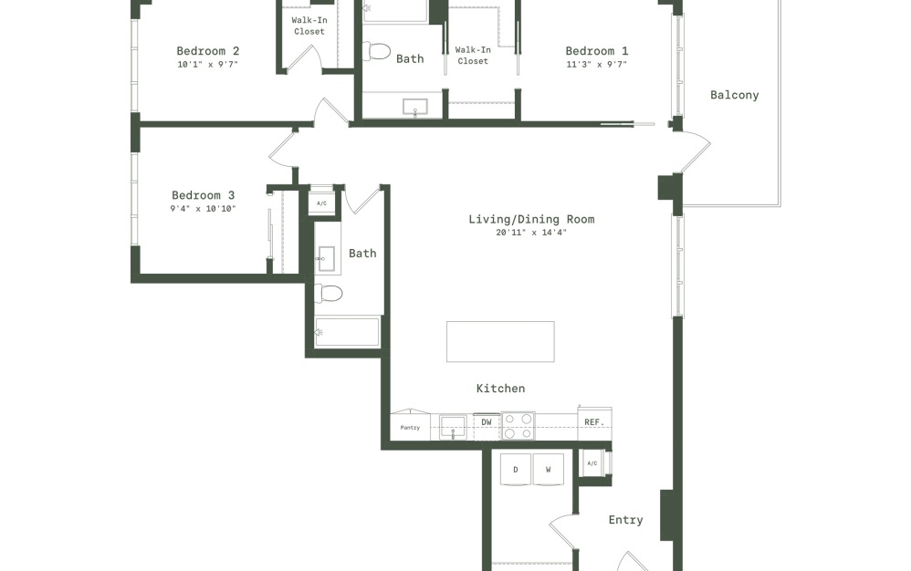 PE10 - 3 bedroom floorplan layout with 2 bathrooms and 1419 square feet (2D)