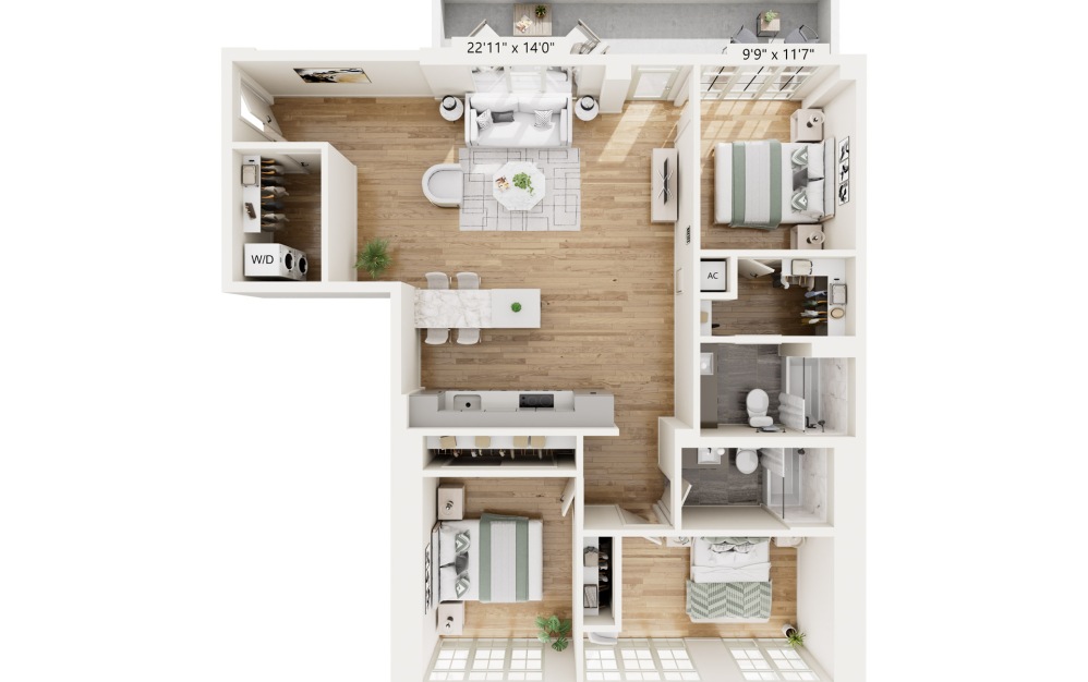 PE1 - 3 bedroom floorplan layout with 2 bathrooms and 1376 square feet (3D)