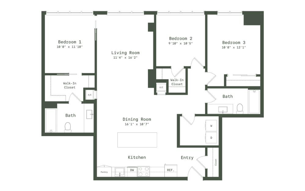 PE2 - 3 bedroom floorplan layout with 2 bathrooms and 1359 square feet (Floor 1)