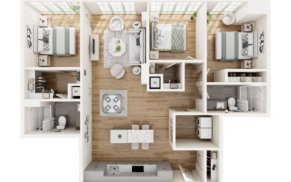 PE2 - 3 bedroom floorplan layout with 2 bathrooms and 1359 square feet (Floor 2)