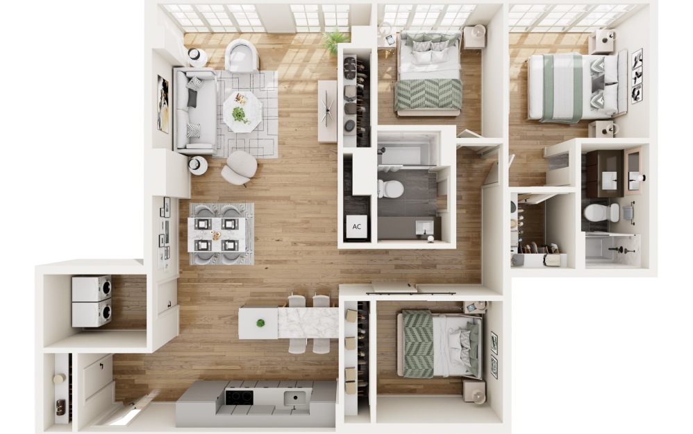 PE3 - 3 bedroom floorplan layout with 2 bathrooms and 1340 square feet (3D)