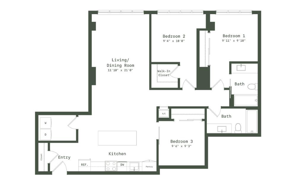 PE4 - 3 bedroom floorplan layout with 2 bathrooms and 1296 square feet (2D)