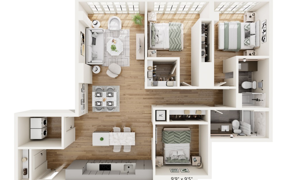PE4 - 3 bedroom floorplan layout with 2 bathrooms and 1296 square feet (3D)