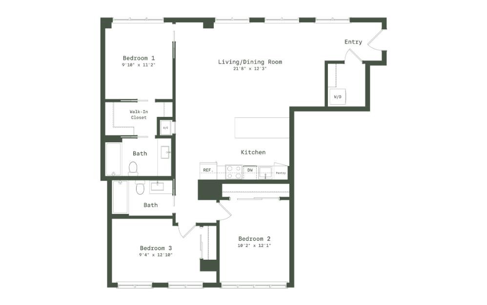 PE5 - 3 bedroom floorplan layout with 2 bathrooms and 1356 square feet (2D)