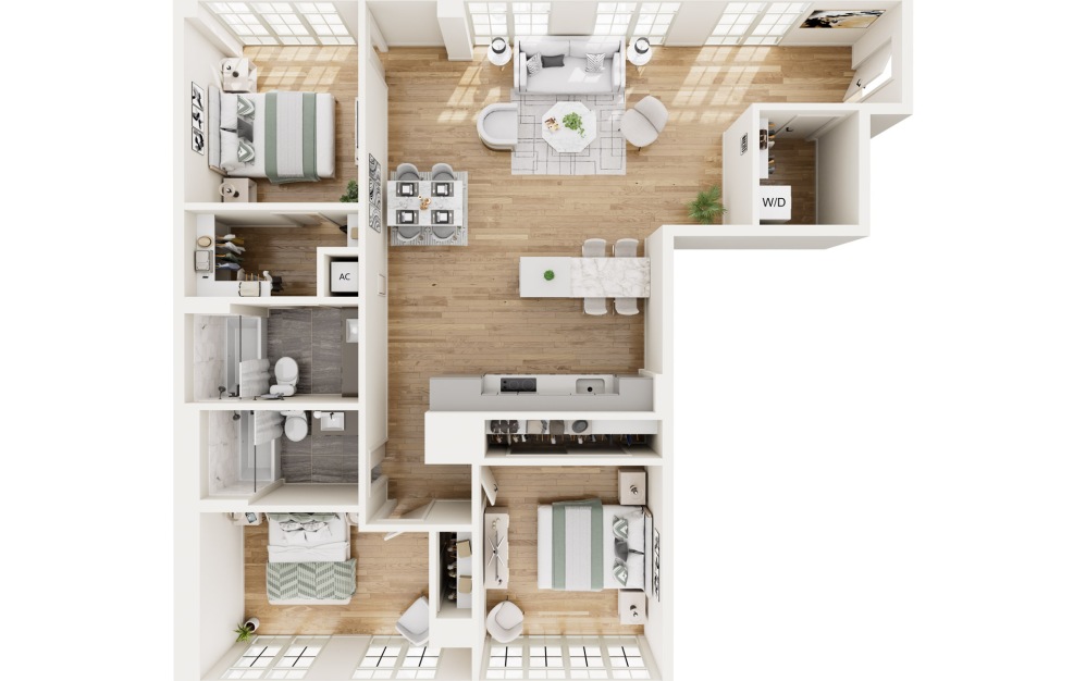 PE5 - 3 bedroom floorplan layout with 2 bathrooms and 1356 square feet (3D)