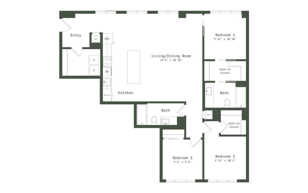 PE6 - 3 bedroom floorplan layout with 2 bathrooms and 1426 square feet (2D)