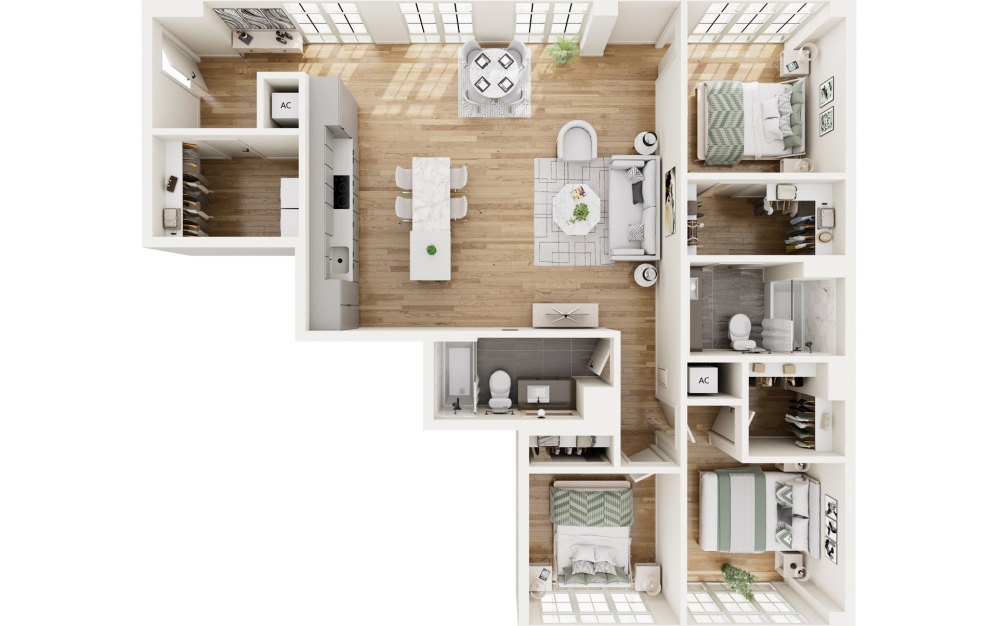 PE6 - 3 bedroom floorplan layout with 2 bathrooms and 1426 square feet (3D)