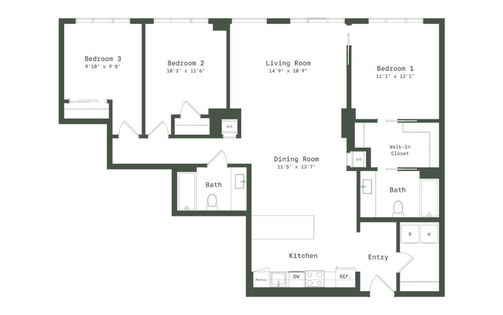 PE7 - 3 bedroom floorplan layout with 2 bathrooms and 1392 square feet (2D)