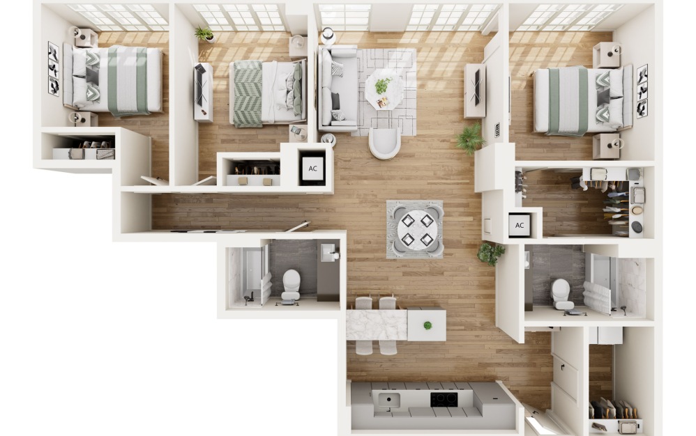 PE7 - 3 bedroom floorplan layout with 2 bathrooms and 1392 square feet (3D)