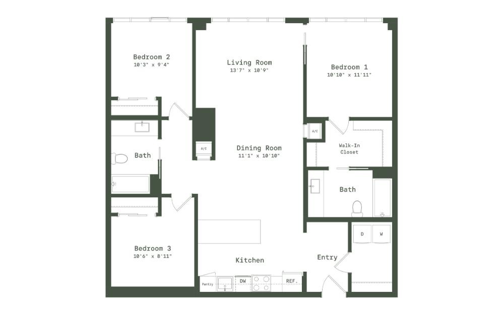 PE8 - 3 bedroom floorplan layout with 2 bathrooms and 1329 square feet (2D)
