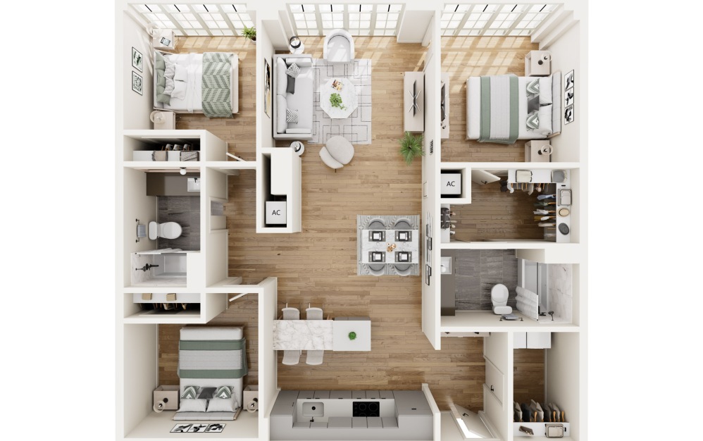 PE8 - 3 bedroom floorplan layout with 2 bathrooms and 1329 square feet (3D)