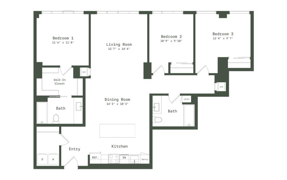 PE9 - 3 bedroom floorplan layout with 2 bathrooms and 1445 square feet (2D)