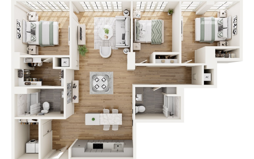 PE9 - 3 bedroom floorplan layout with 2 bathrooms and 1445 square feet (3D)