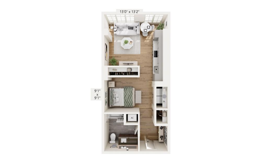 PA1 - 1 bedroom floorplan layout with 1 bathroom and 634 square feet (3D)