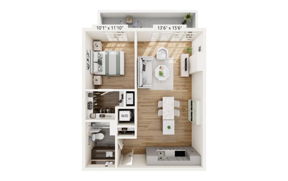 PC14 - 1 bedroom floorplan layout with 1 bathroom and 729 square feet (3D)