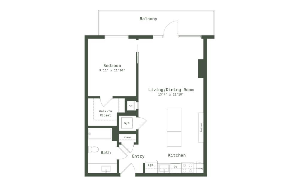 PC14 - 1 bedroom floorplan layout with 1 bathroom and 729 square feet (2D)