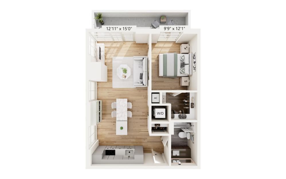 TC1 - 1 bedroom floorplan layout with 1 bathroom and 705 square feet (3D)