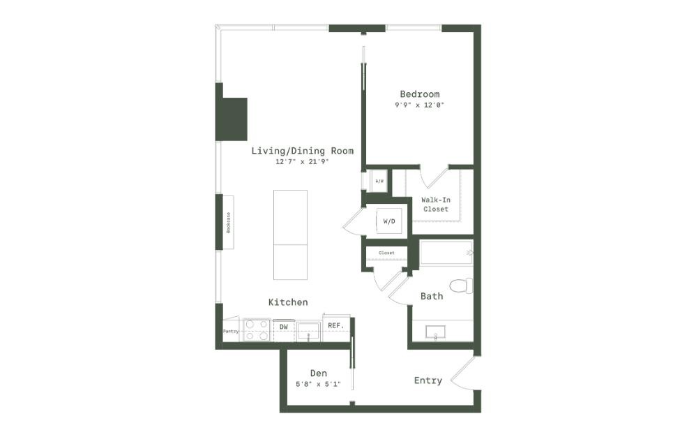 TC1D - 1 bedroom floorplan layout with 1 bathroom and 805 square feet (2D)