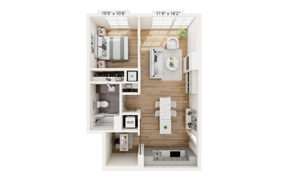 TC5D - 1 bedroom floorplan layout with 1 bathroom and 715 square feet (3D)