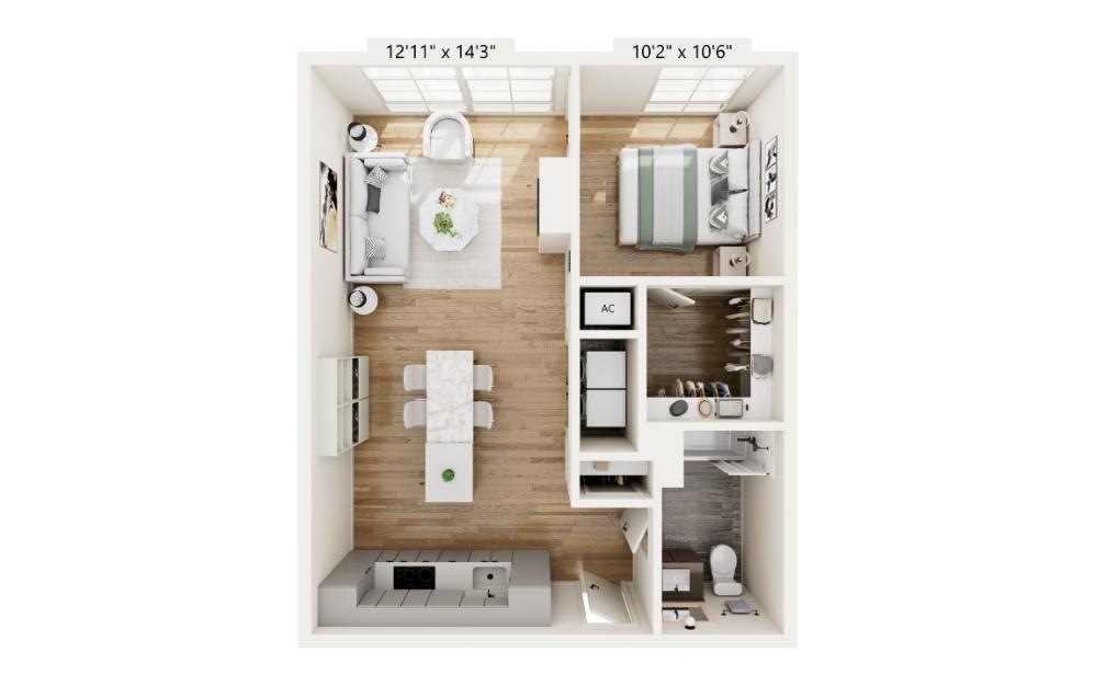 TC6 - 1 bedroom floorplan layout with 1 bathroom and 705 square feet (3D)