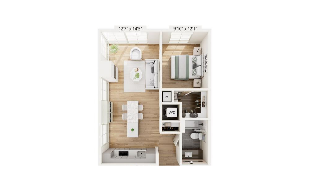 TC1 - 1 bedroom floorplan layout with 1 bathroom and 705 square feet (3D)