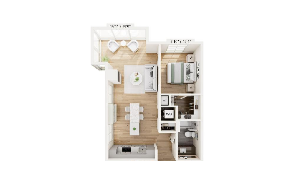 TC1P - 1 bedroom floorplan layout with 1 bathroom and 765 square feet (3D)