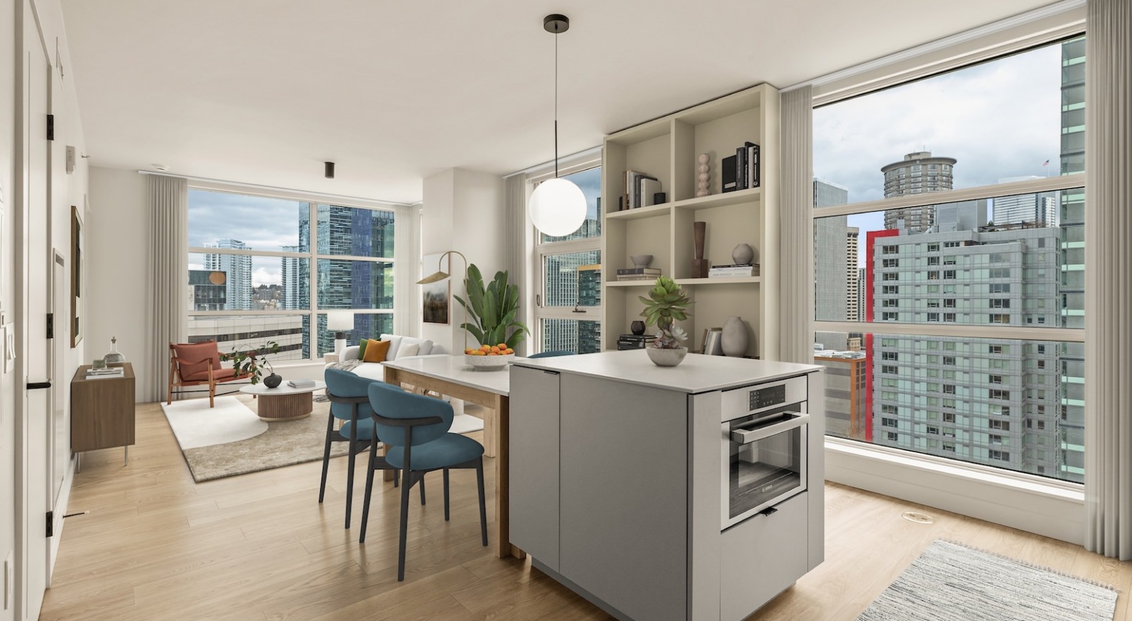 Upscale apartment kitchen in Seattle with elegant details at Kaye Belltown