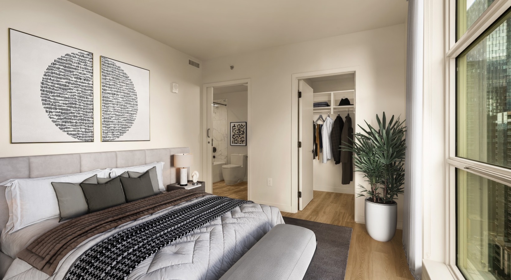 Luxury one-bedroom apartment with soft lighting and custom details in Seattle’s Belltown neighborhood