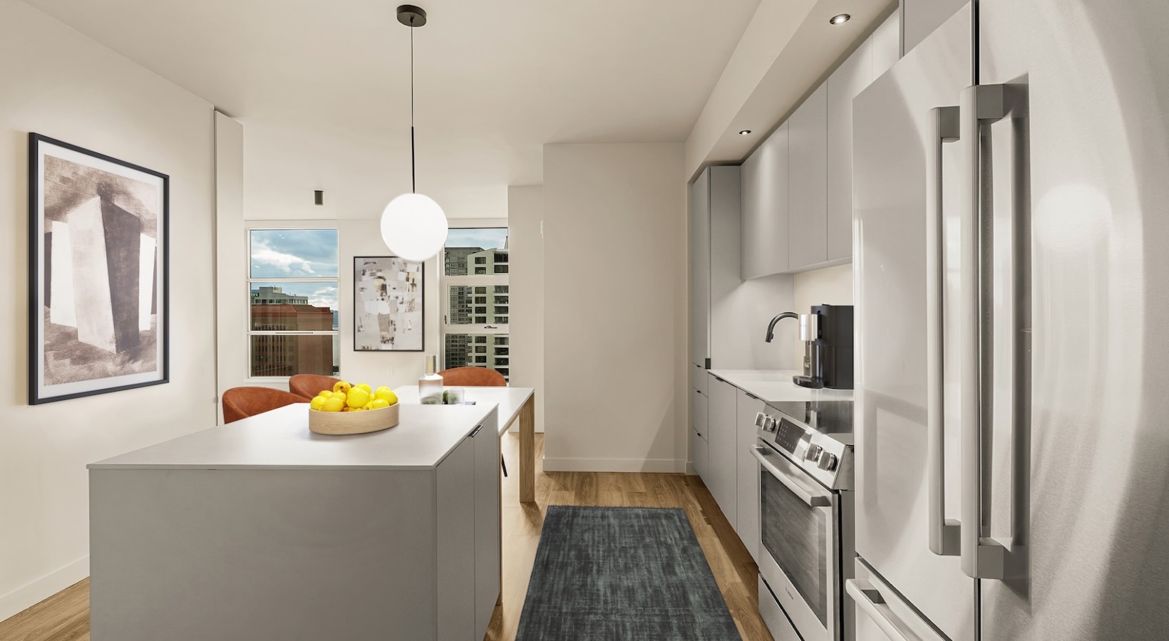 Upscale apartment kitchen in Seattle with elegant details at Kaye Belltown